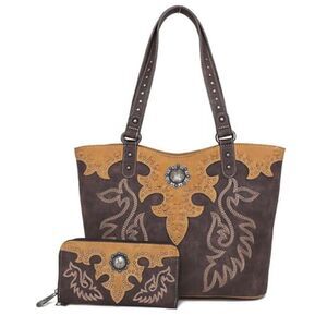 American Bling Purse and Wallet Set Southwestern Cowgirl Style Embroidered Brown